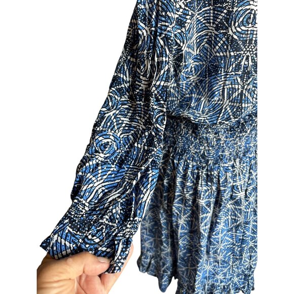 Maje‎ Dress Size 42 / Large Printed Viscose Smocking Ruffle Indigo Black $385 - Picture 8 of 13